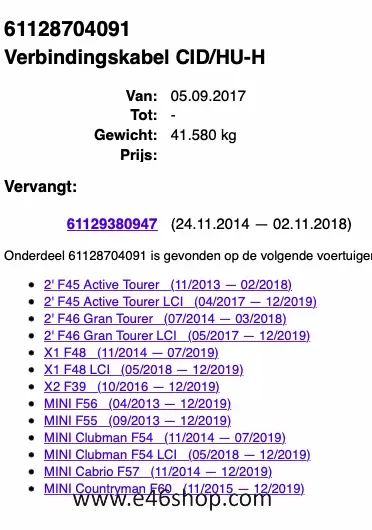 Prémium VERBINBDINGSKABEL BMW F45 F46 X1 MINI OE 61128704091